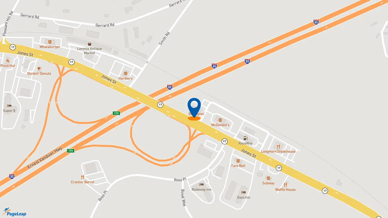 https://pageleap.com map showing location of Bojangles in Lavonia.