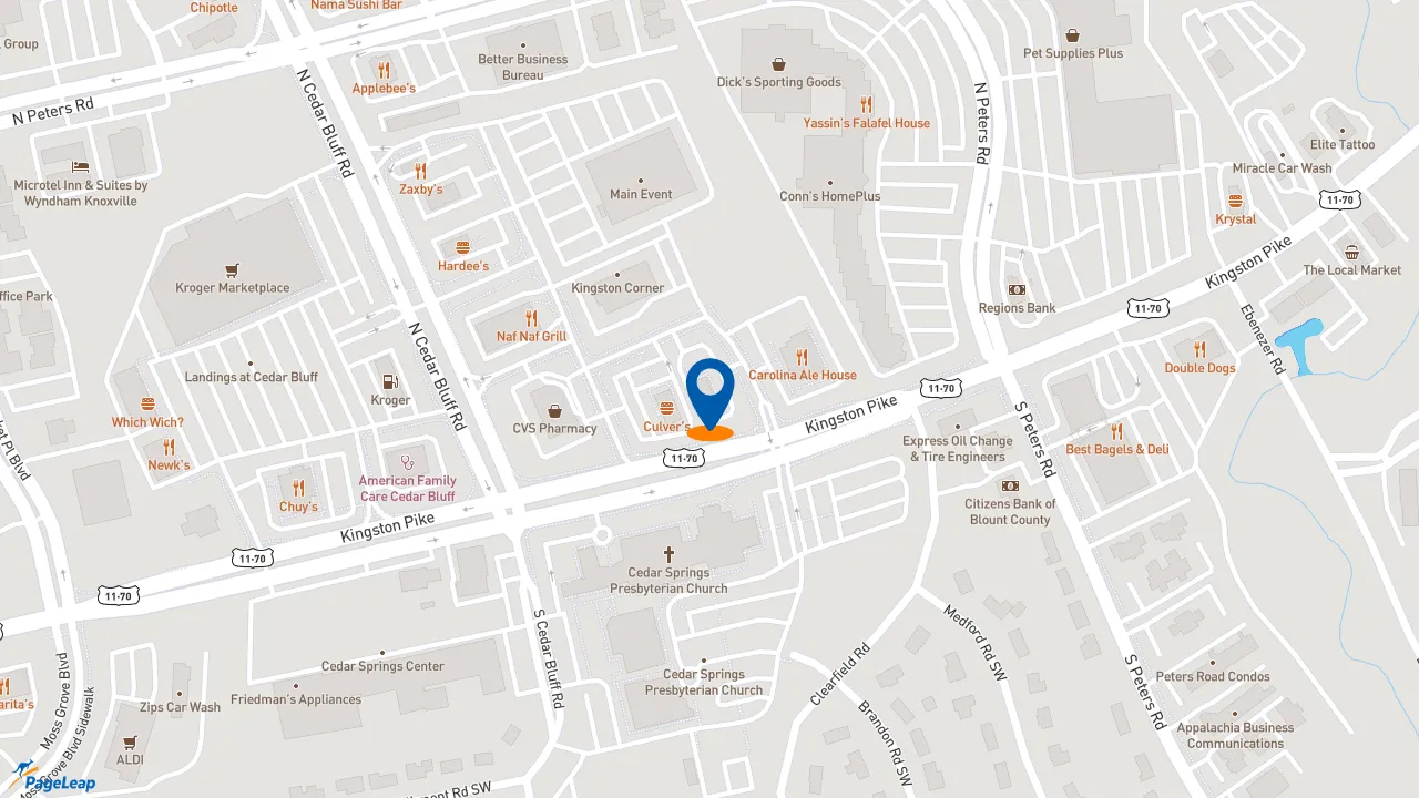 https://pageleap.com map showing location of Bojangles in Knoxville.