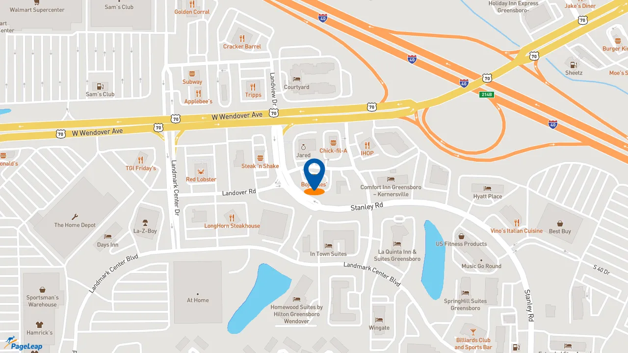 https://pageleap.com map showing location of Bojangles in Greensboro.