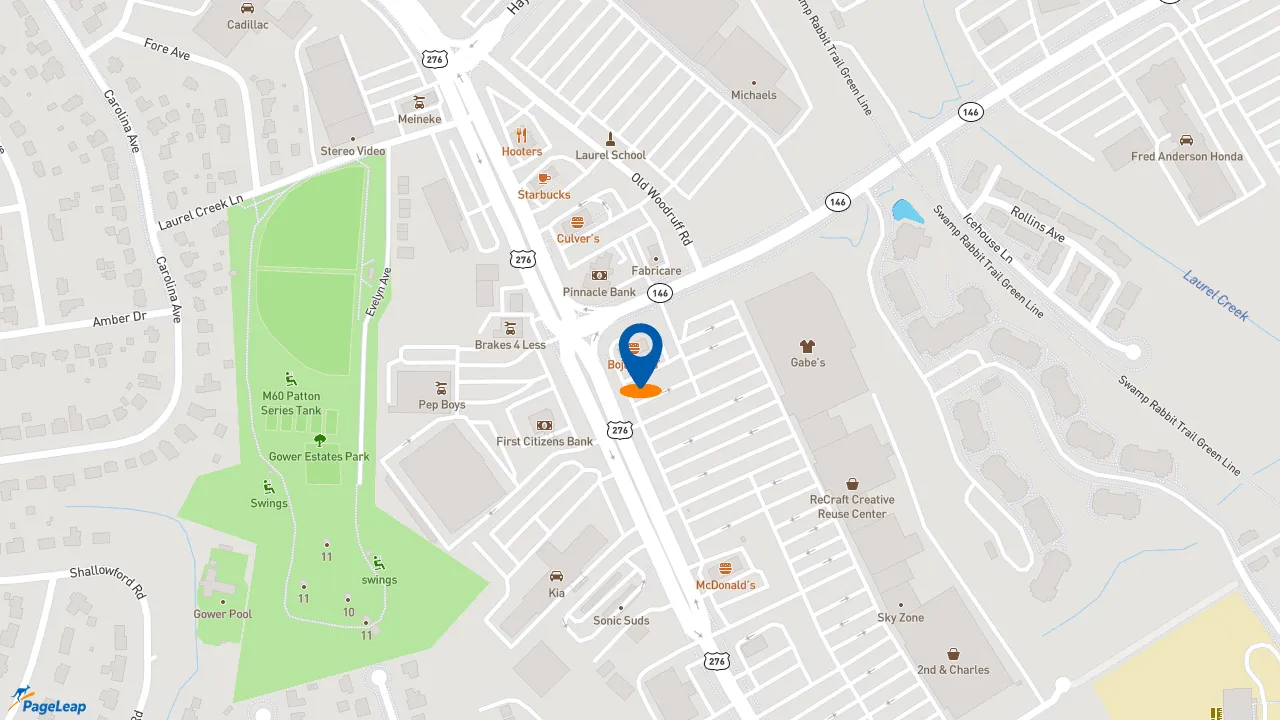 PageLeap.com map showing location of Bojangles in Greenville.