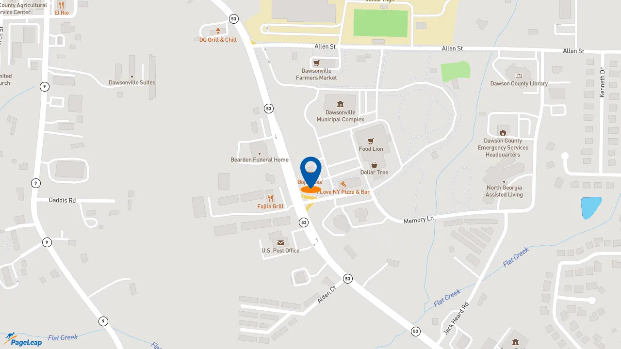 https://pageleap.com map showing location of Bojangles in Dawsonville.