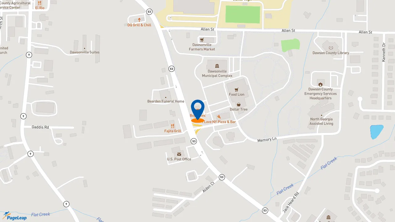 https://pageleap.com map showing location of Bojangles in Dawsonville.
