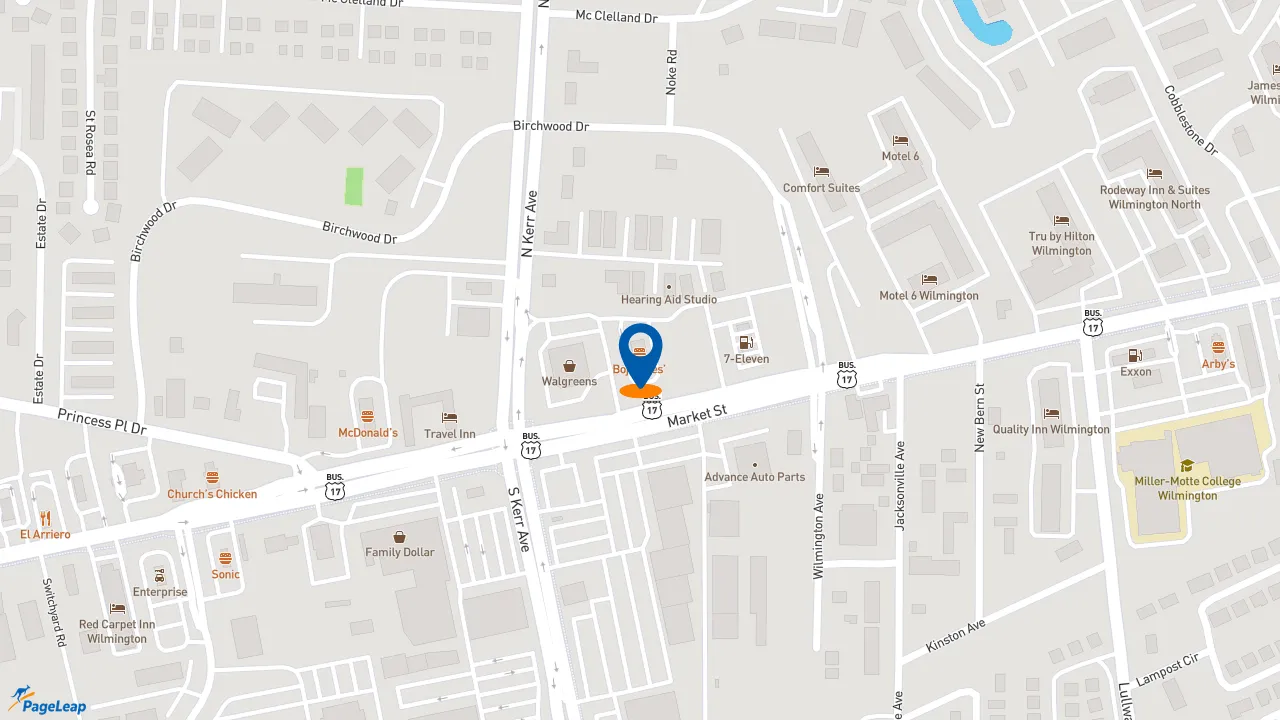 https://pageleap.com map showing location of Bojangles in Wilmington.