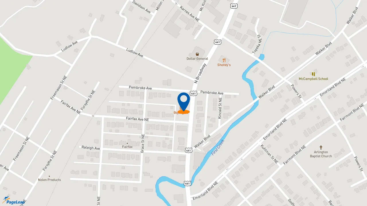 https://pageleap.com map showing location of Bojangles in Knoxville.