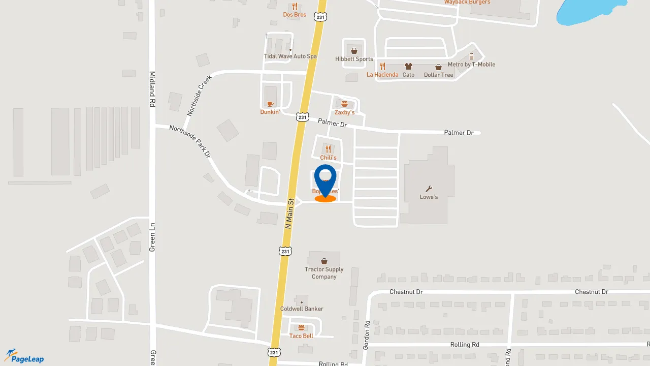 https://pageleap.com map showing location of Bojangles in Shelbyville.
