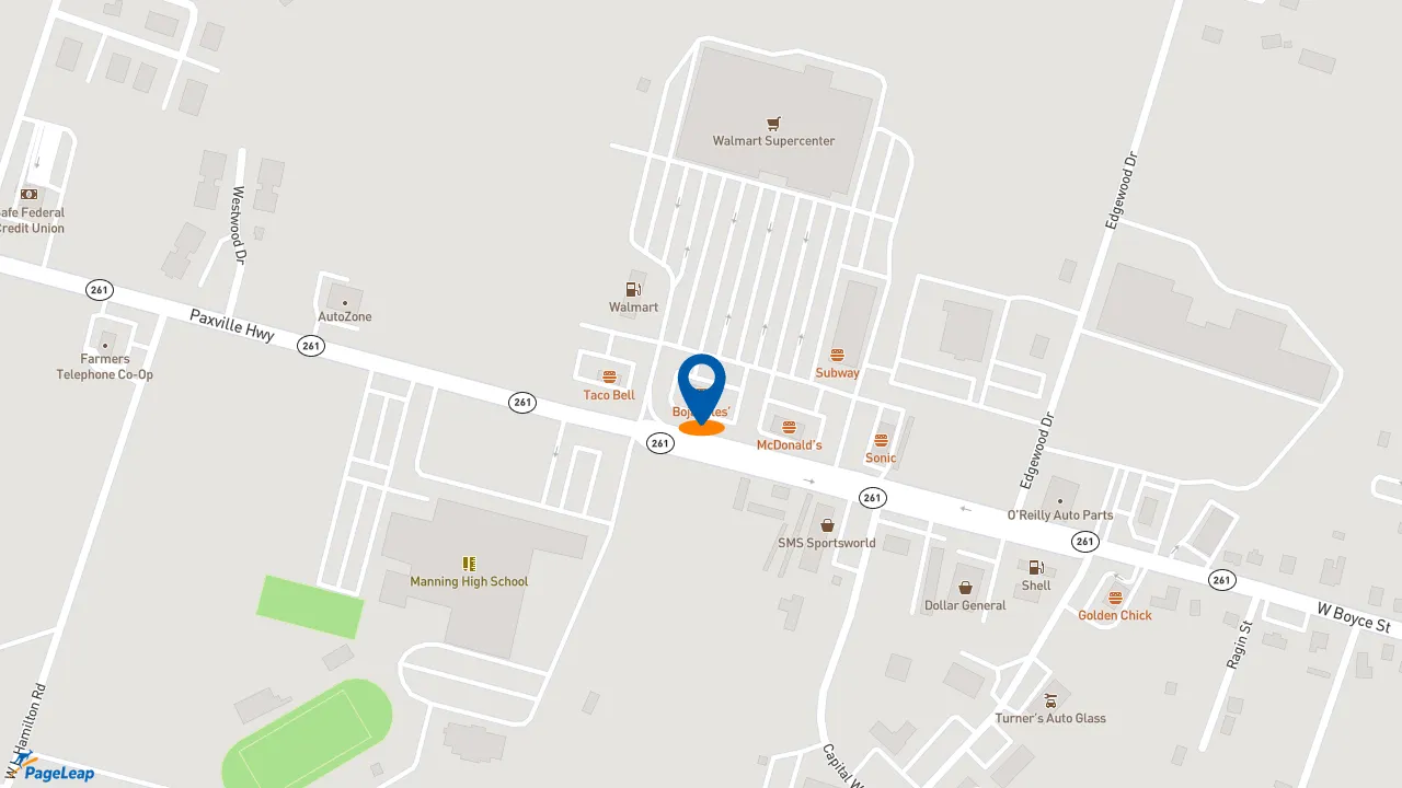 https://pageleap.com map showing location of Bojangles in Manning.