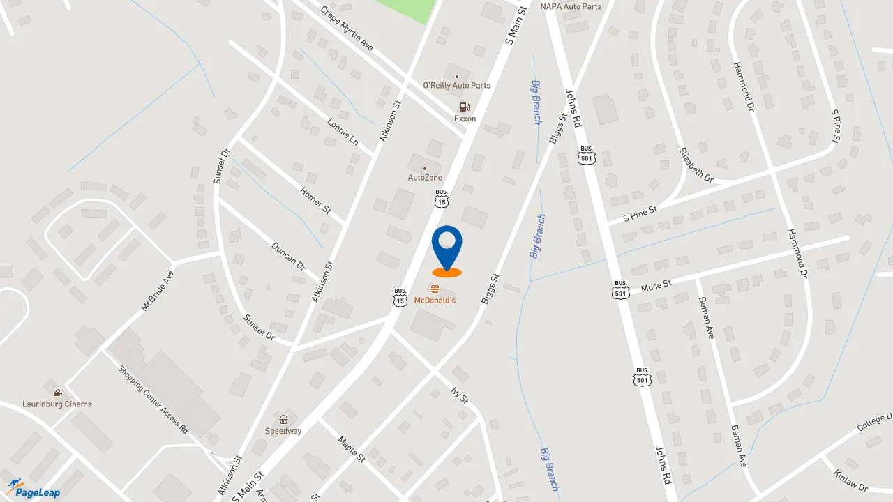https://pageleap.com map showing location of Bojangles in Laurinburg.