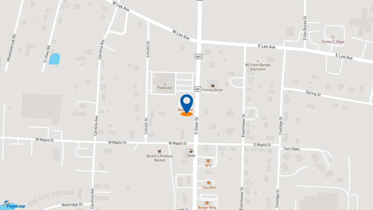 https://pageleap.com map showing location of Bojangles in Yadkinville.