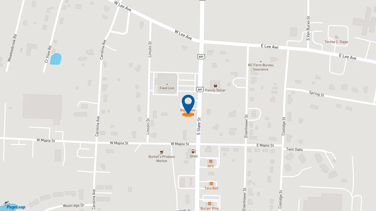 https://pageleap.com map showing location of Bojangles in Yadkinville.
