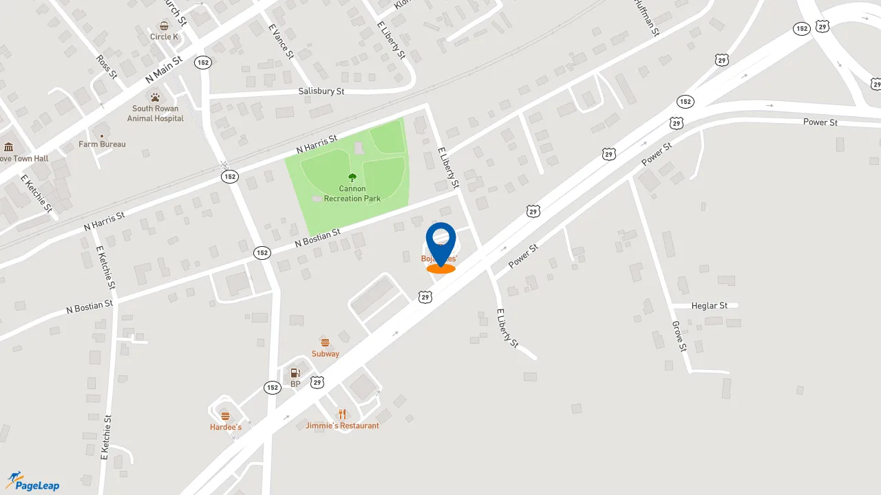 https://pageleap.com map showing location of Bojangles in China Grove.