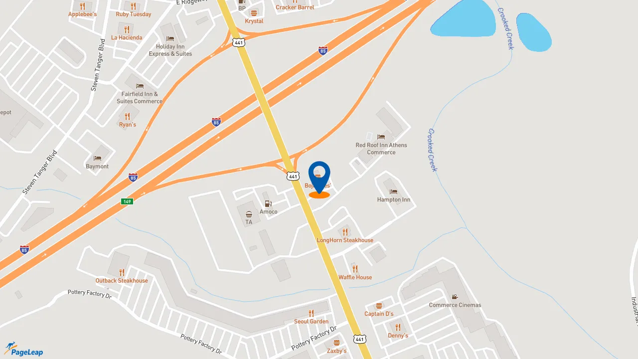 https://pageleap.com map showing location of Bojangles in Commerce.