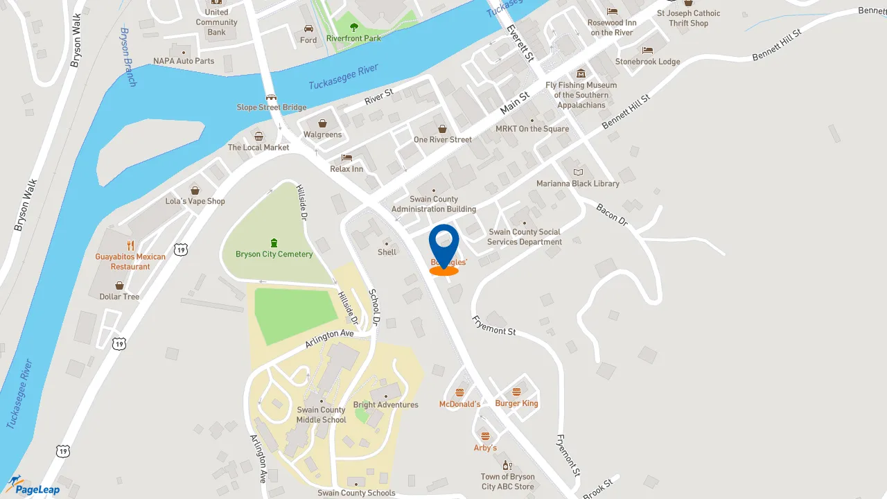 https://pageleap.com map showing location of Bojangles in Bryson City.