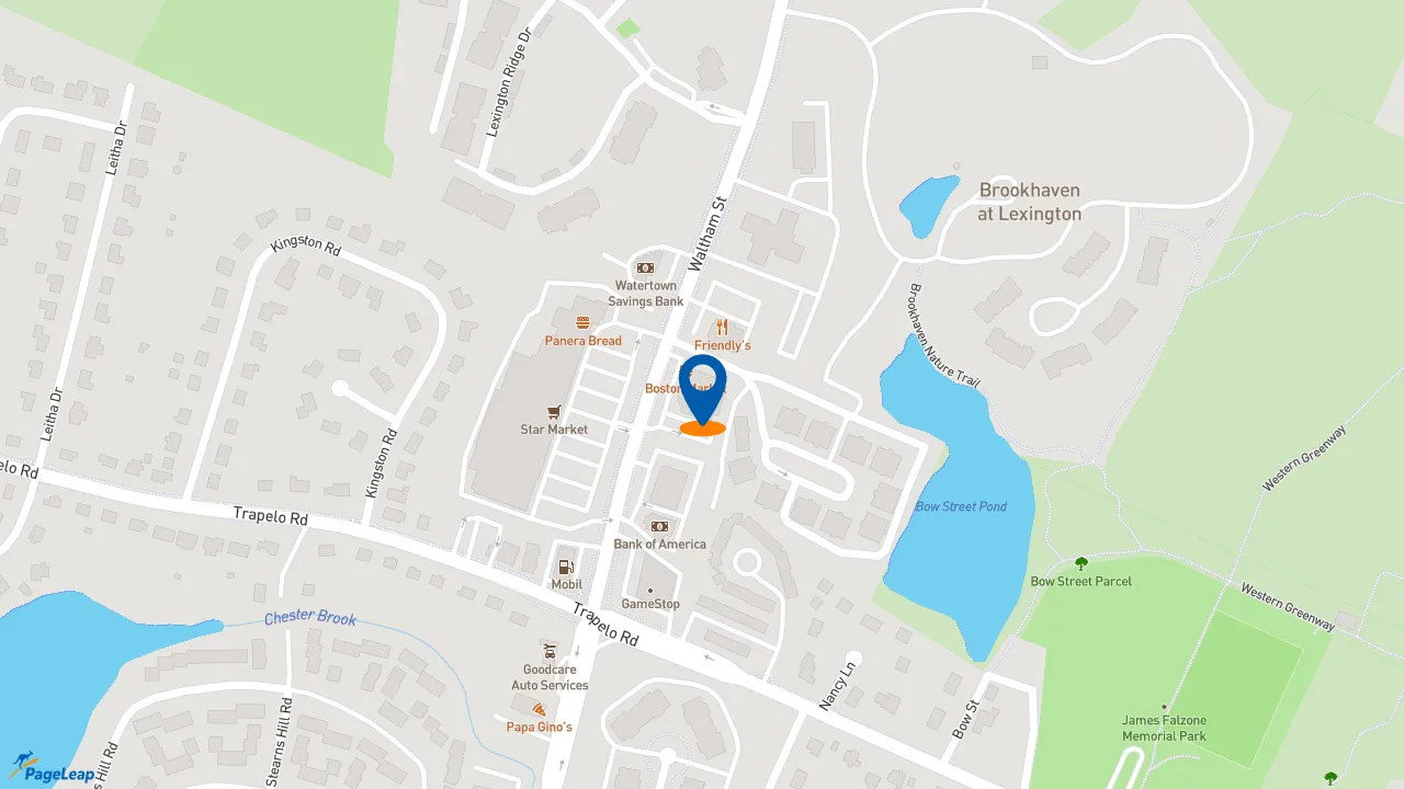 https://pageleap.com map showing location of Boston Market in Waltham.