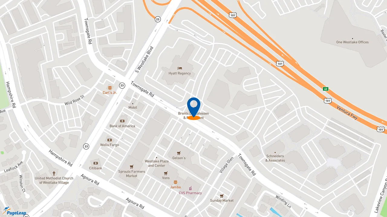 https://pageleap.com map showing location of Brent&#039;s Delicatessen &amp; Restaurant in Westlake Village.