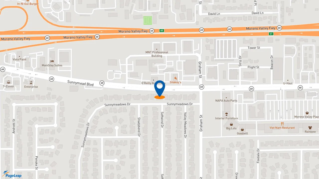 https://pageleap.com map showing location of Budget Auto Repair &amp; Transmission in Moreno Valley.