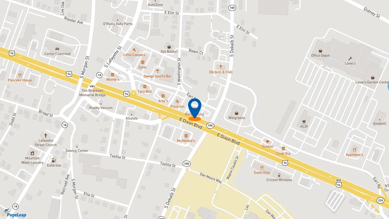 https://pageleap.com map showing location of Burger King in Shelby.