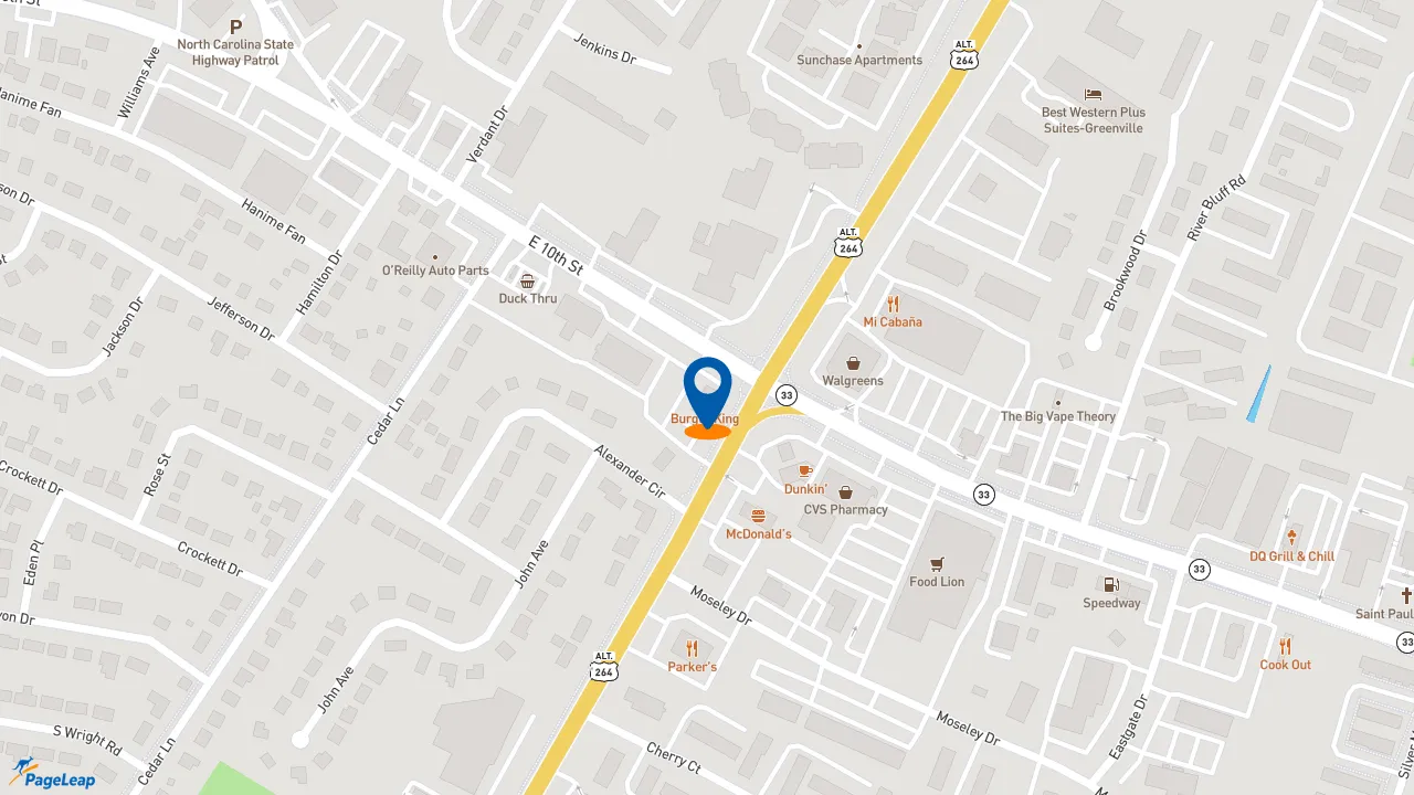 https://pageleap.com map showing location of Burger King in Greenville.