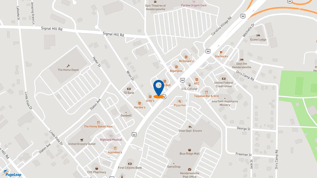 PageLeap.com map showing location of Burger King in Hendersonville.