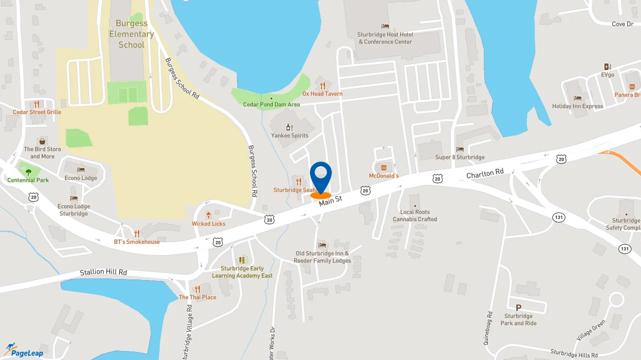 https://pageleap.com map showing location of Burger King in Sturbridge.