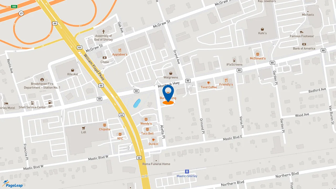 https://pageleap.com map showing location of Burger King in Shirley.