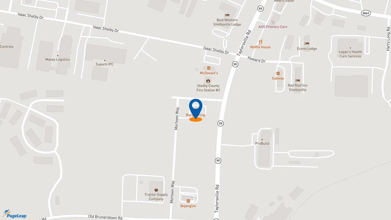 https://pageleap.com map showing location of Burger King in Shelbyville.
