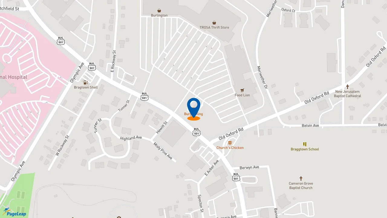 https://pageleap.com map showing location of Burger King in Durham.