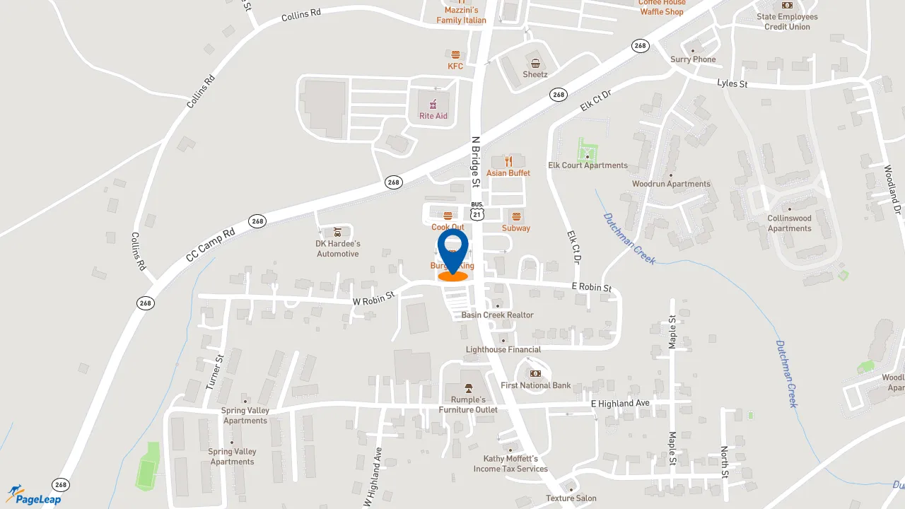 https://pageleap.com map showing location of Burger King in Elkin.