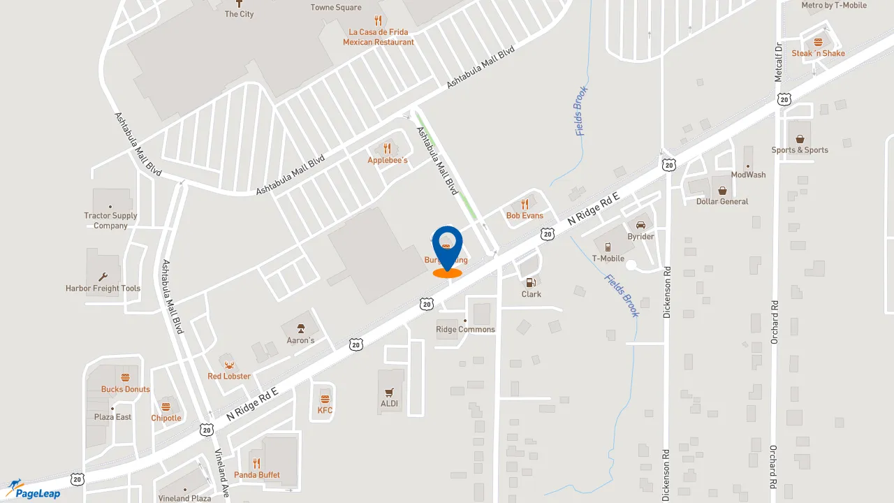 https://pageleap.com map showing location of Burger King in Ashtabula.
