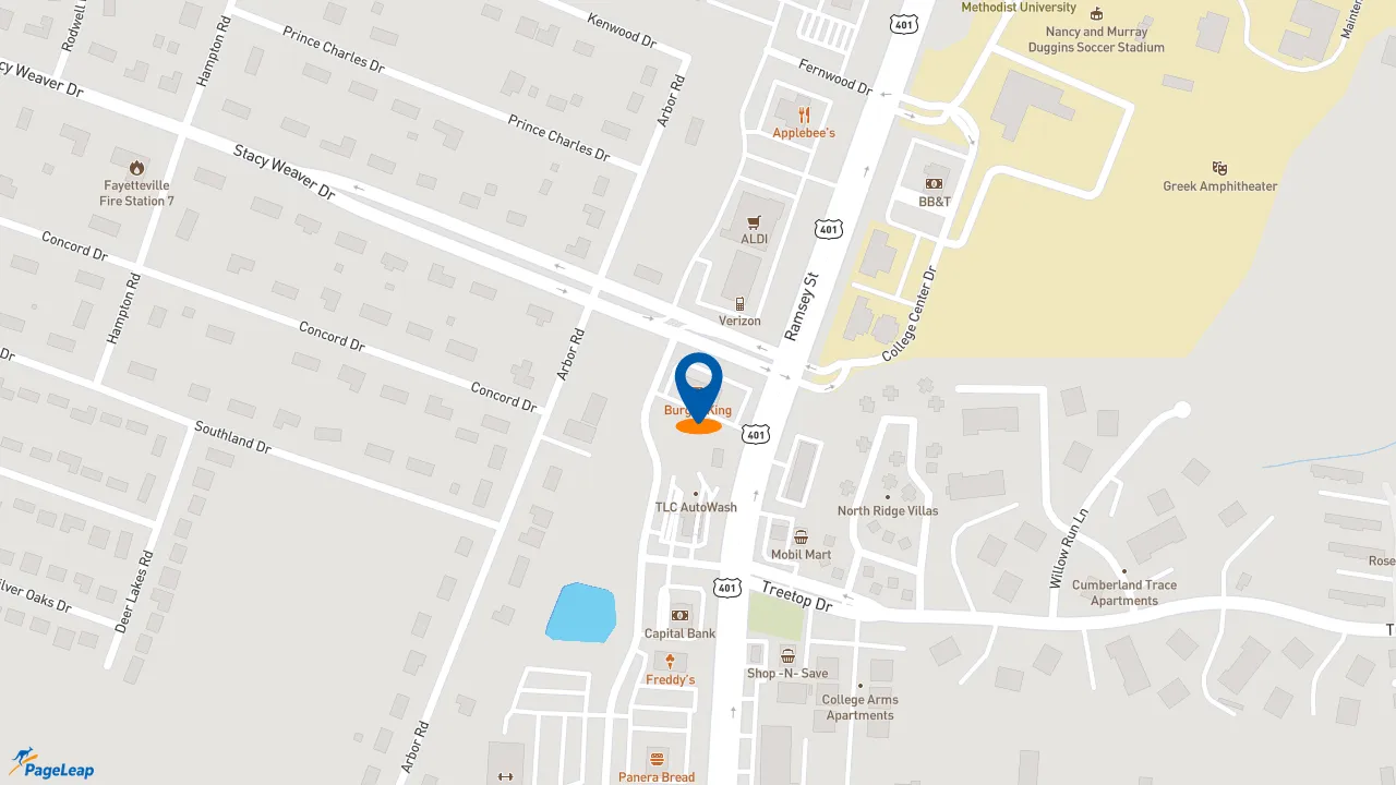 PageLeap.com map showing location of Burger King in Fayetteville.