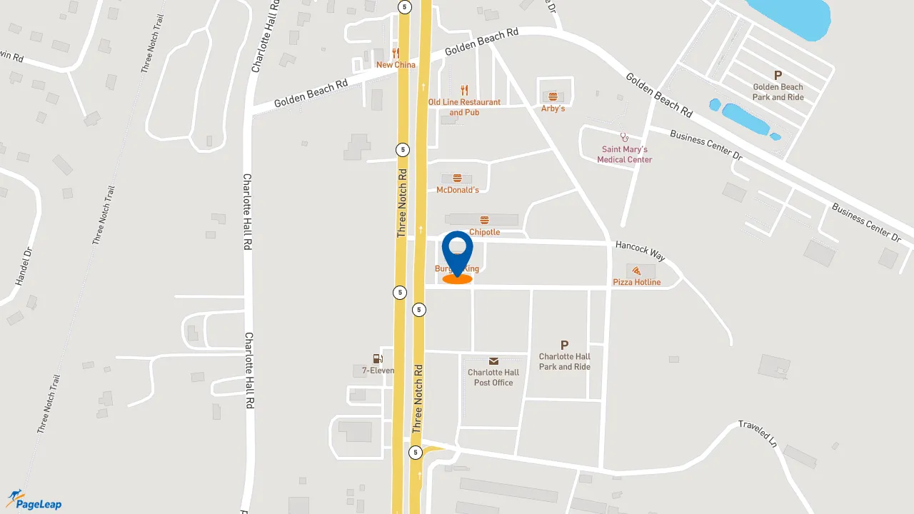 https://pageleap.com map showing location of Burger King in Charlotte Hall.