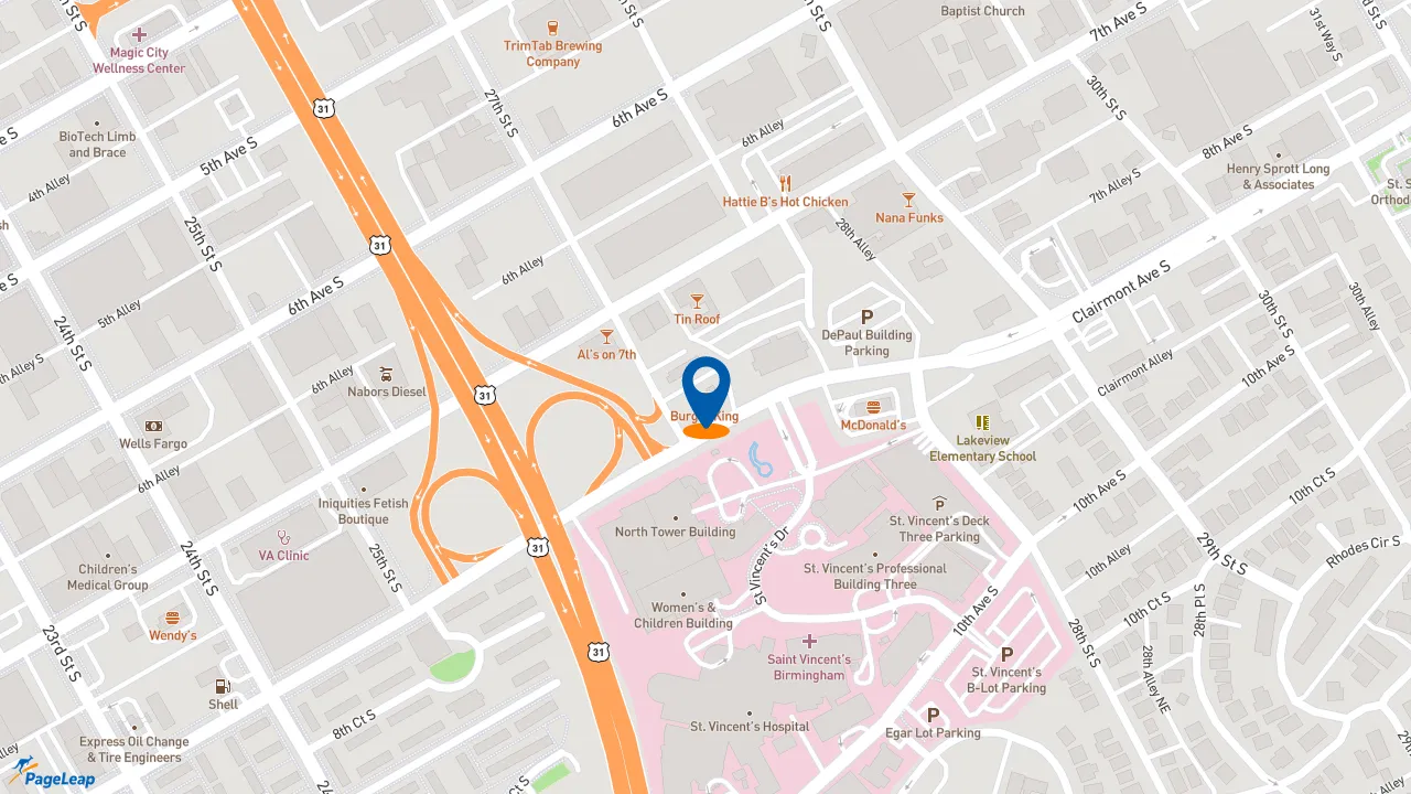 https://pageleap.com map showing location of Burger King in Birmingham.