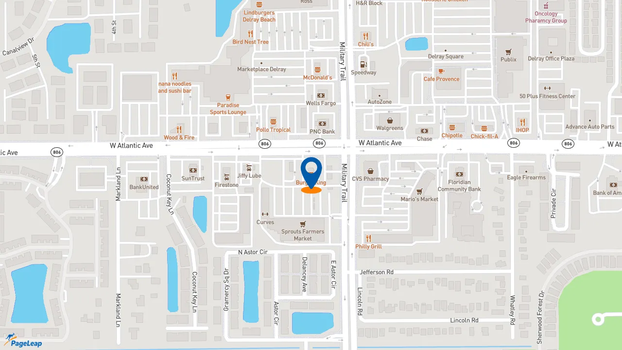 https://pageleap.com map showing location of Burger King in Delray Beach.