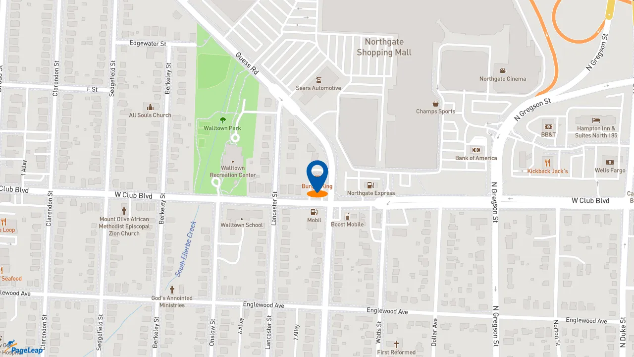 https://pageleap.com map showing location of Burger King in Durham.