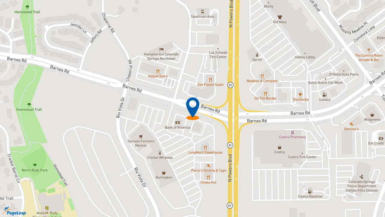 https://pageleap.com map showing location of Capriotti&#039;s Sandwich Shop in Colorado Springs.
