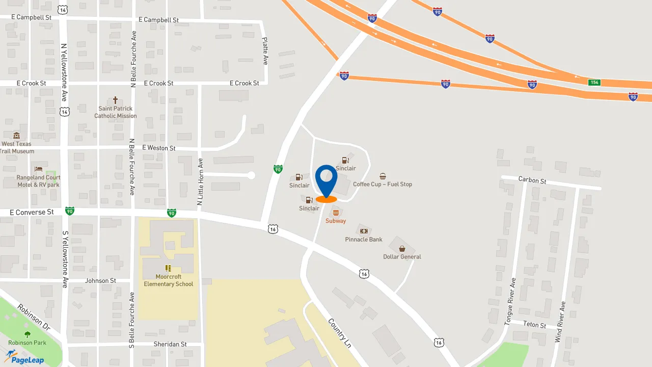 https://pageleap.com map showing location of Caribou Coffee in Moorcroft.