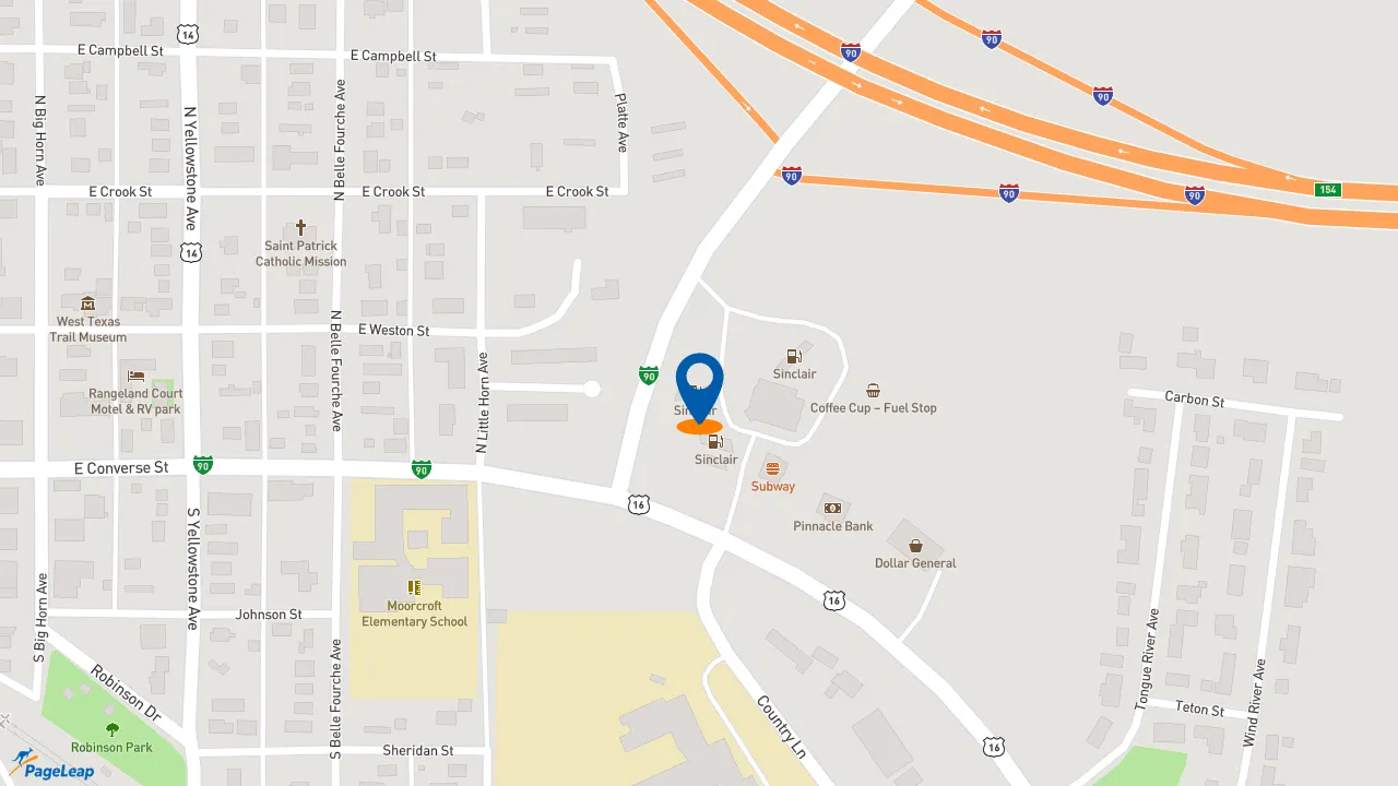 https://pageleap.com map showing location of Caribou Coffee in Moorcroft.
