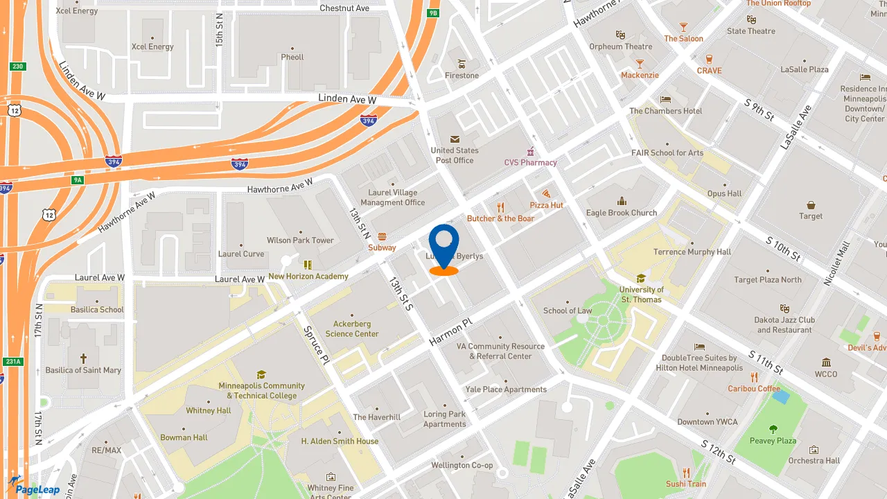 https://pageleap.com map showing location of Caribou Coffee in Minneapolis.