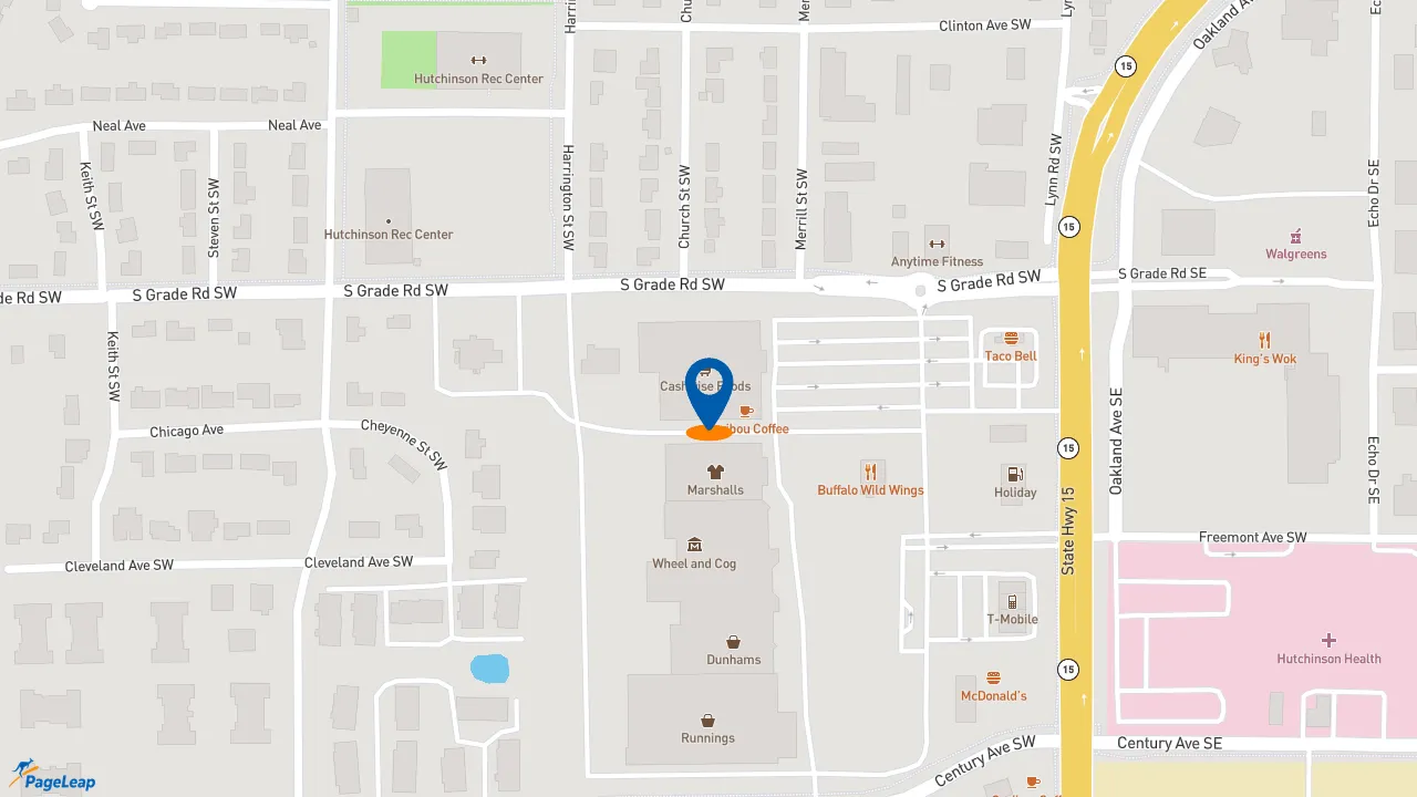https://pageleap.com map showing location of Caribou Coffee in Hutchinson.