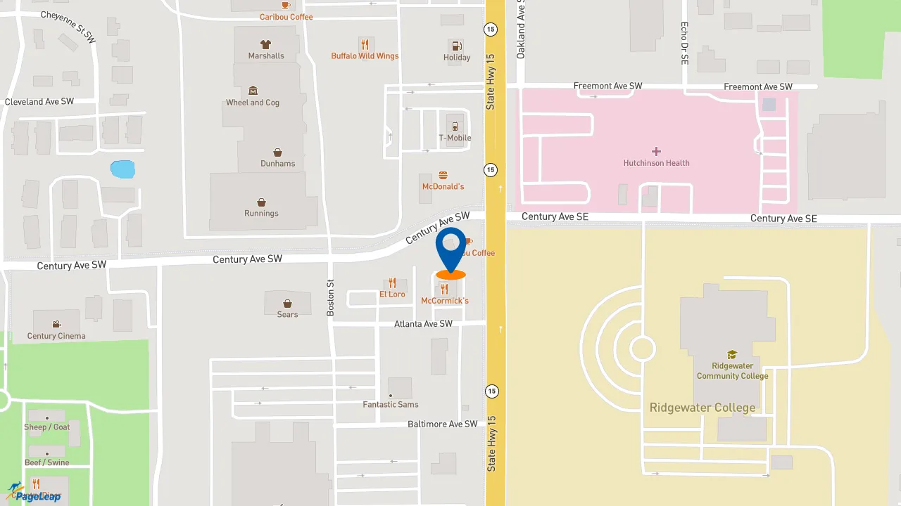 https://pageleap.com map showing location of Caribou Coffee in Hutchinson.