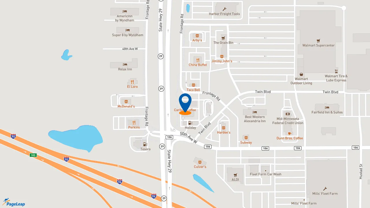 https://pageleap.com map showing location of Caribou Coffee in Alexandria.