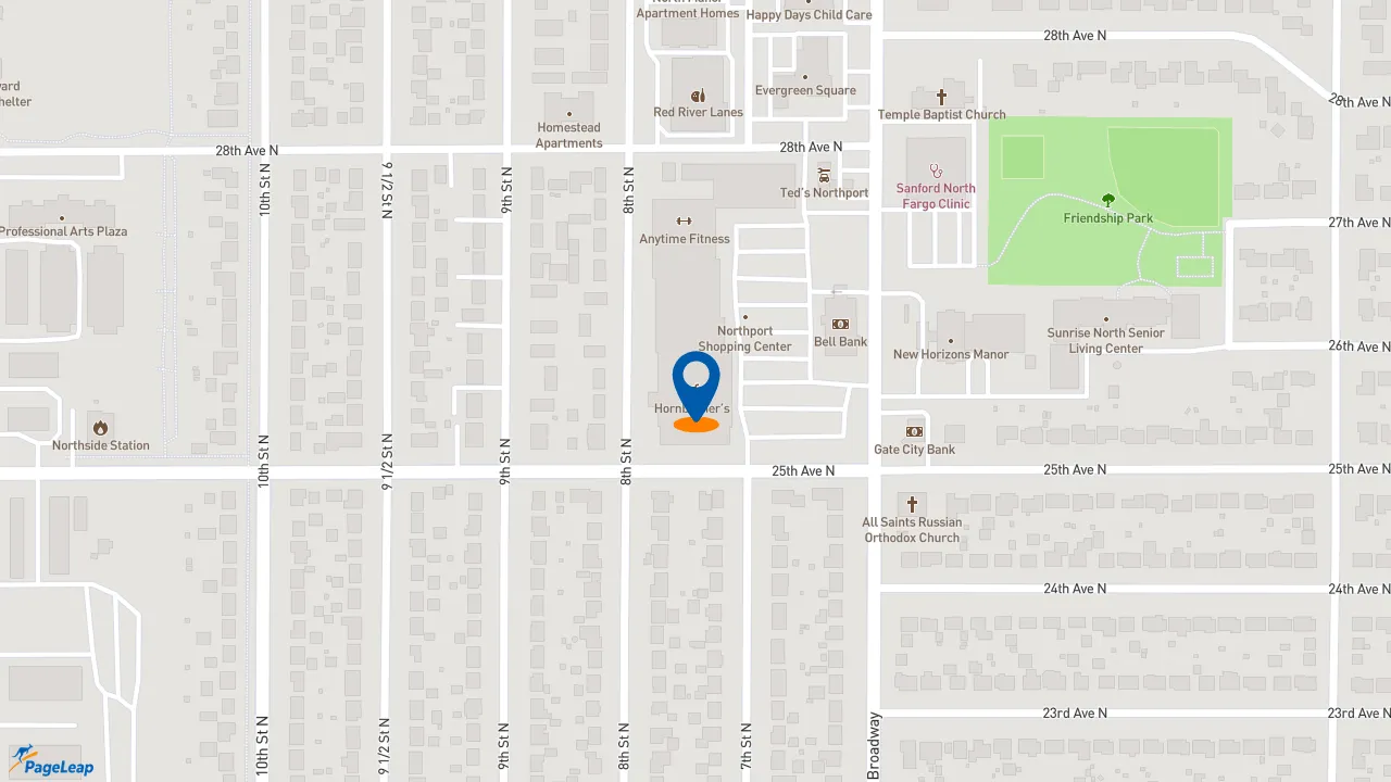 https://pageleap.com map showing location of Caribou Coffee in Fargo.
