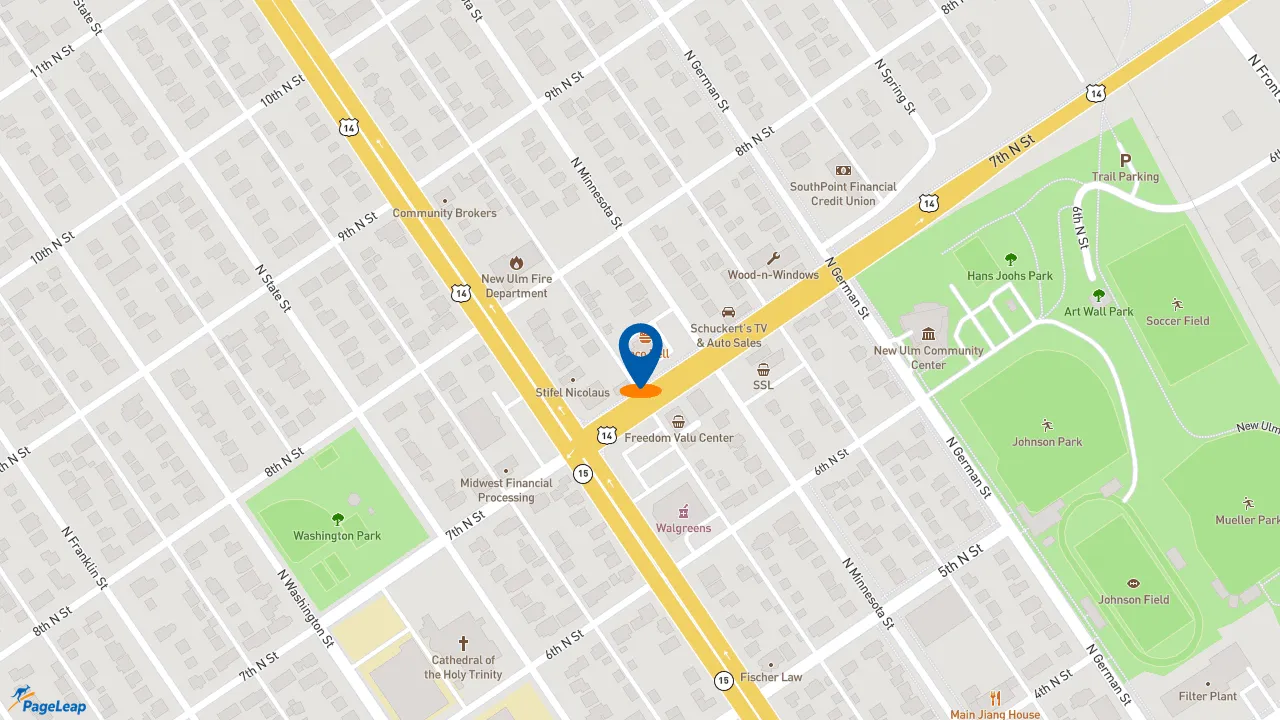 https://pageleap.com map showing location of Caribou Coffee in New Ulm.