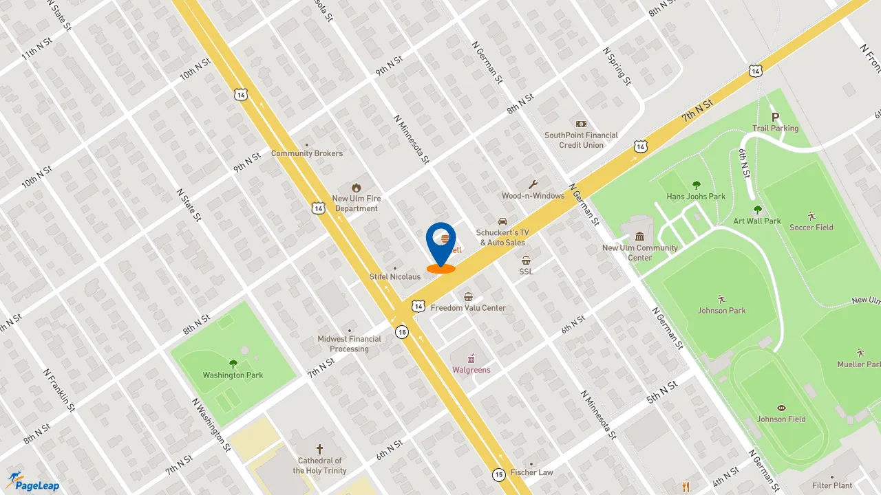 https://pageleap.com map showing location of Caribou Coffee in New Ulm.