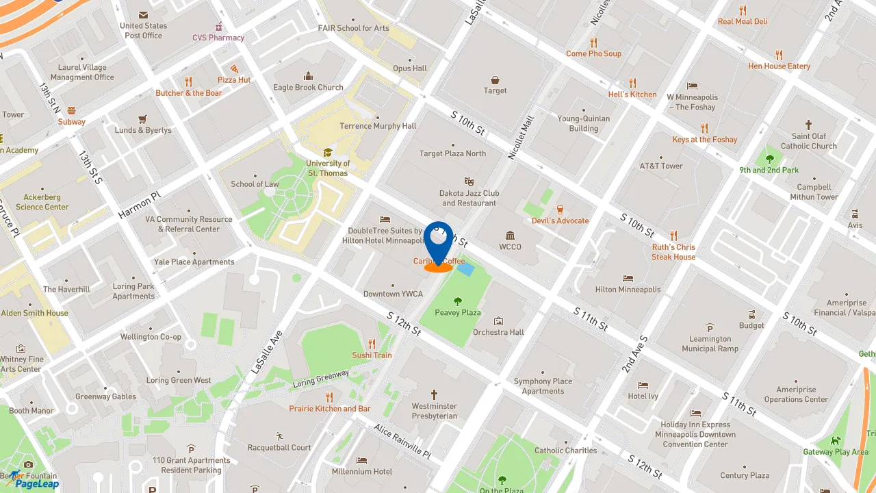 https://pageleap.com map showing location of Caribou Coffee in Minneapolis.