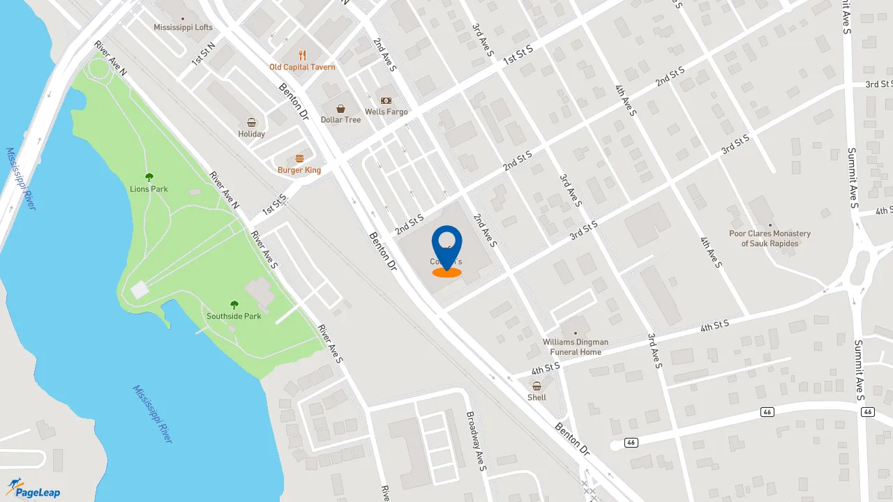 https://pageleap.com map showing location of Caribou Coffee in Sauk Rapids.