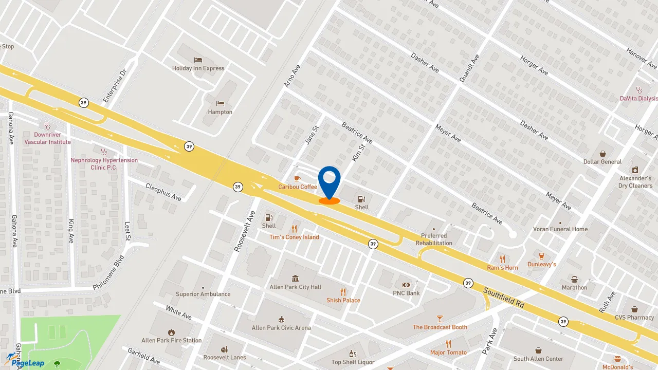 https://pageleap.com map showing location of Caribou Coffee in Allen Park.