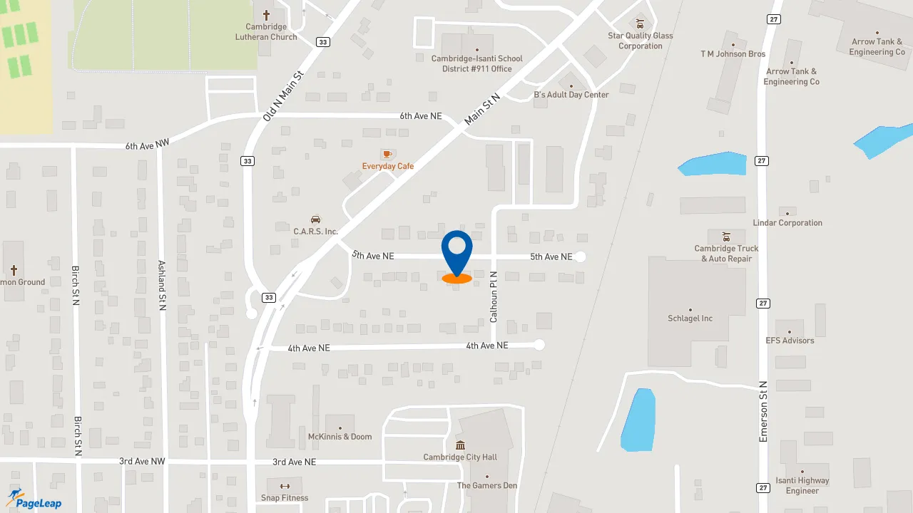 https://pageleap.com map showing location of Caribou Coffee in Isanti.