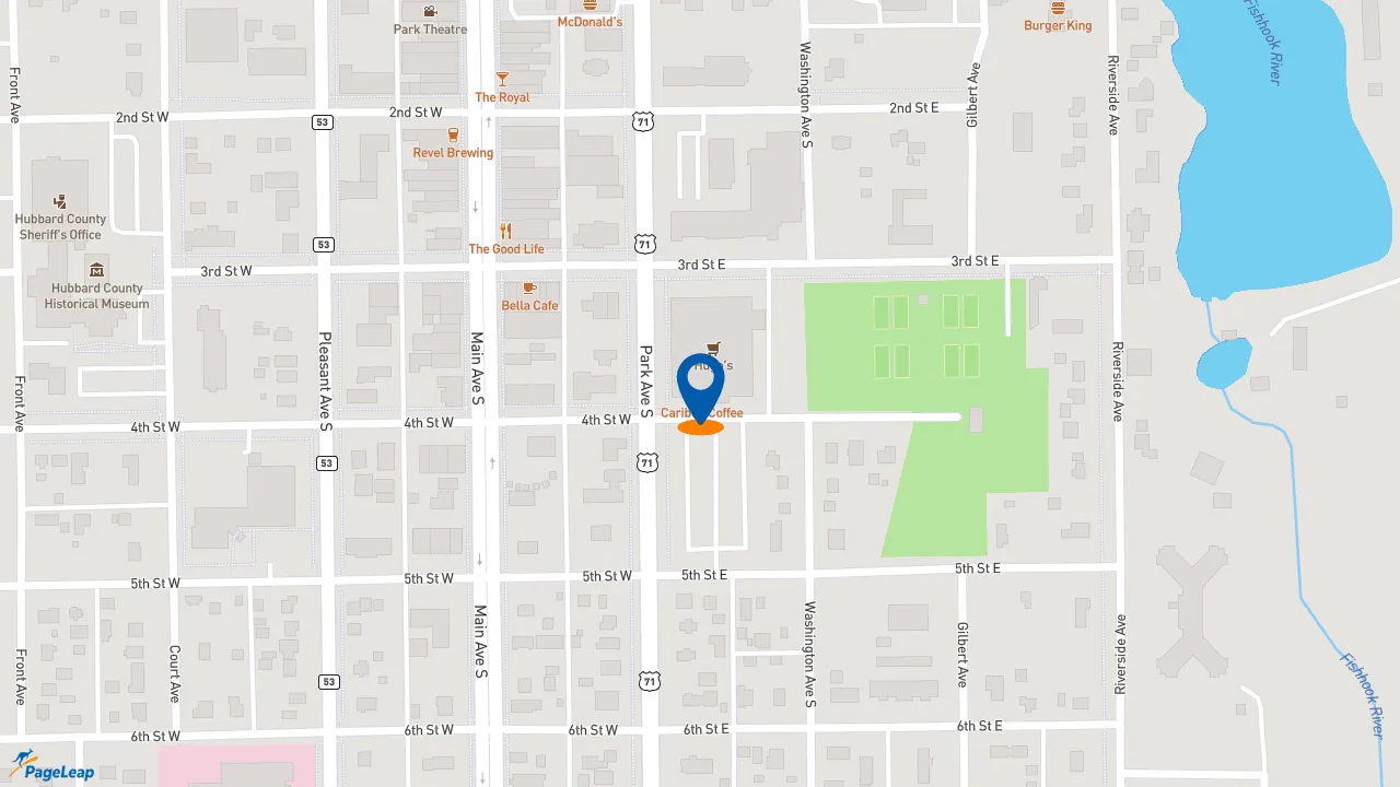 https://pageleap.com map showing location of Caribou Coffee in Park Rapids.