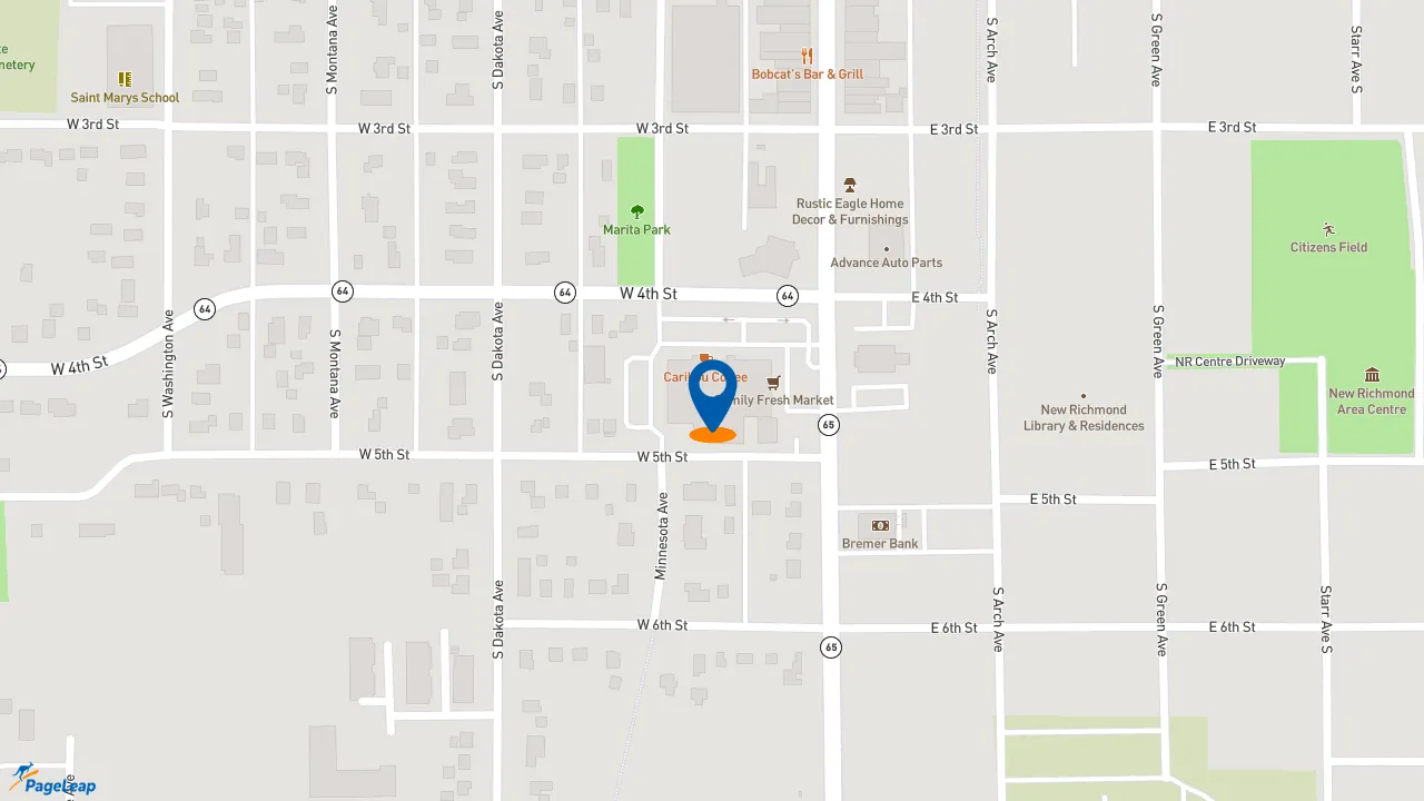 https://pageleap.com map showing location of Caribou Coffee in New Richmond.