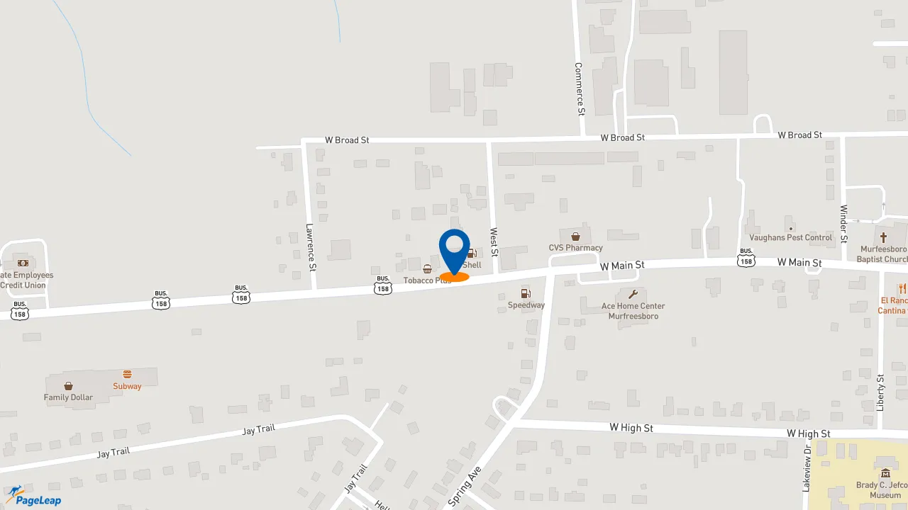 https://pageleap.com map showing location of Champs Chicken in Murfreesboro.